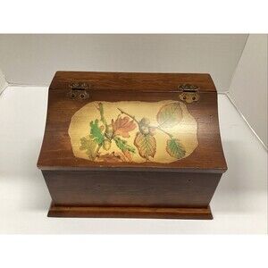 vtg wooden box with hinged curved lid painted acorn oak leaf top 11.5”x7.5”x7.5”